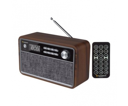 RADIO RETRO SUNSTECH MADERA 2X3W RMS FM BT 4.2 RELOJ Y ALARMA USB SD A...